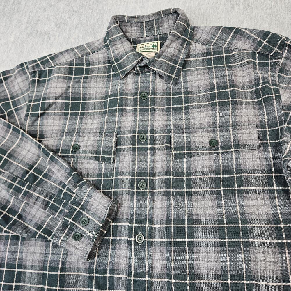 LL Bean Shirt Mens Medium Green Gray Plaid Button Front Pockets Casual
